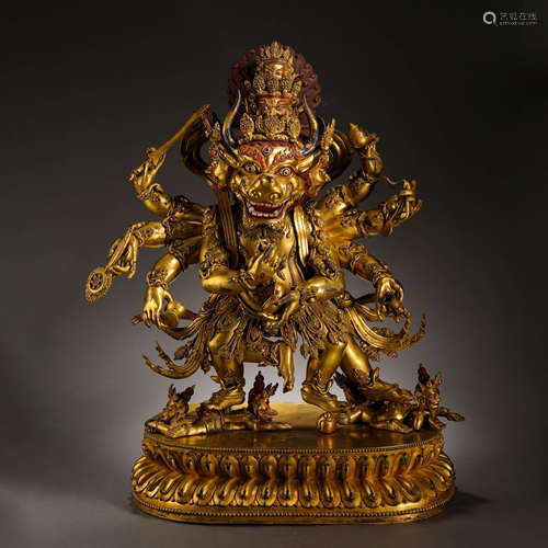 GILT BRONZE DAWEI JIN GANGFO STATUE, QING DYNASTY, CHINA