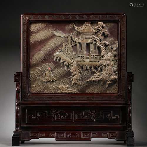 CHINESE ROSEWOOD STONE SCREEN FROM THE QING DYNASTY