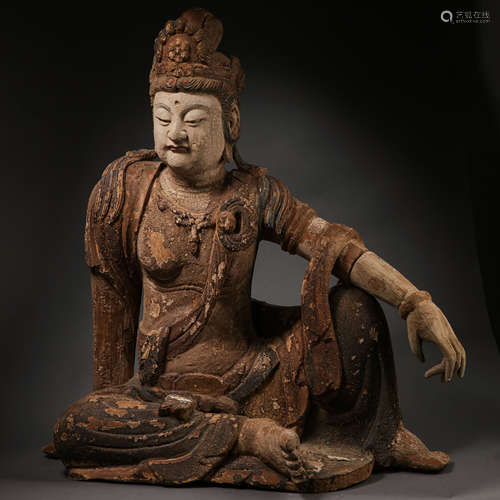 CHINESE MING DYNASTY WOODEN PAINTED BUDDHA SITTING STATUE