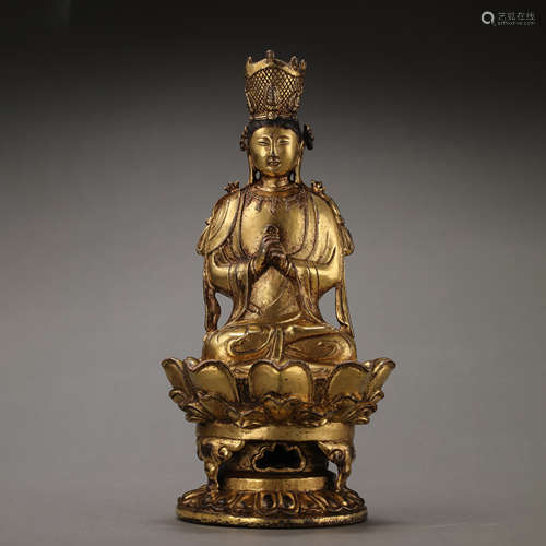 CHINESE LIAO BRONZE GILDING BUDDHA SITTING STATUE