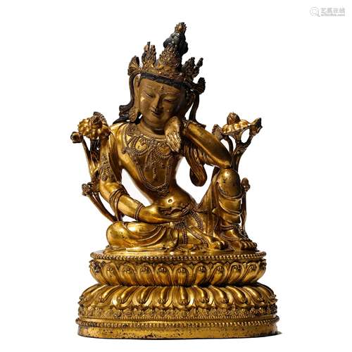 CHINESE QING DYNASTY BRONZE GILDING BUDDHA SITTING STATUE