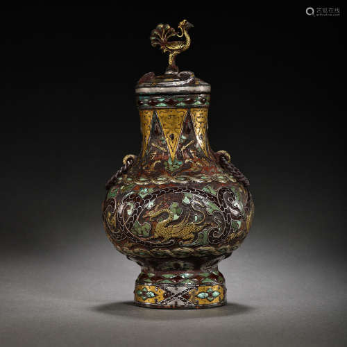 CHINESE VASE INLAID GOLD, SILVER AND TURQUOISES , WARRING ST...