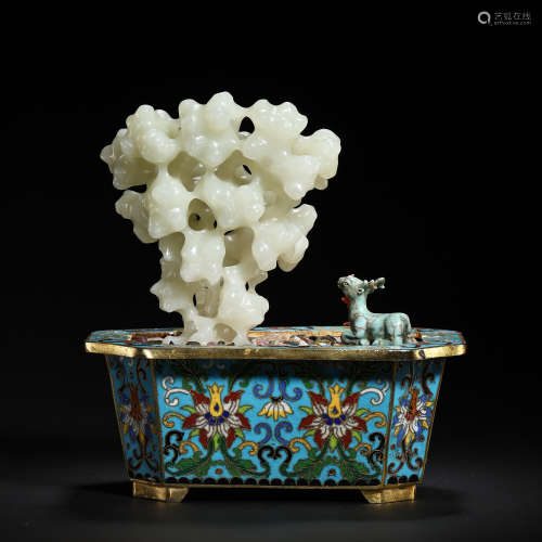 CHINESE CLOISONNE HETIAN JADE ORNAMENT, QING DYNASTY