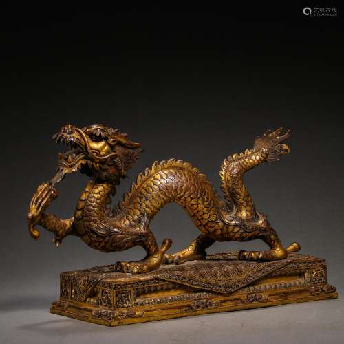 CHINESE TANG DYNASTY GILT BRONZE DRAGON STATUE