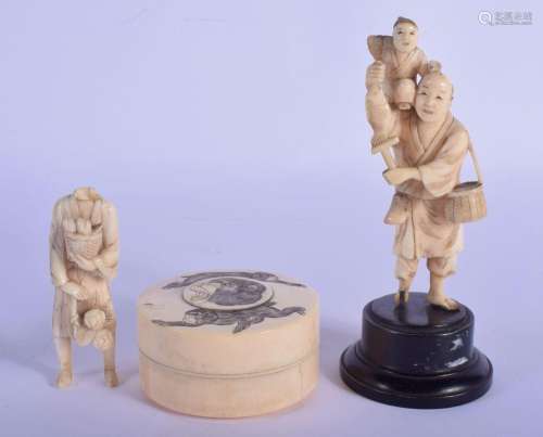 A 19TH CENTURY JAPANESE MEIJI PERIOD CARVED IVORY BOX AND CO...