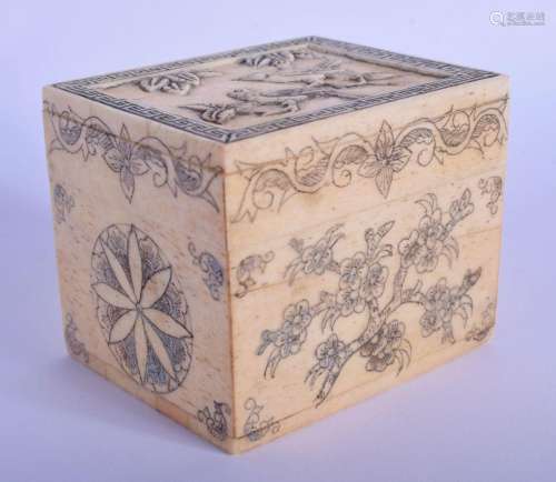 A 1950S CHINESE CARVED PAINTED BONE CASKET overlaid with bir...