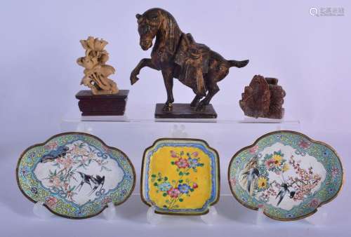 THREE CHINESE ENAMELLED DISHES together with a horse etc. (6...