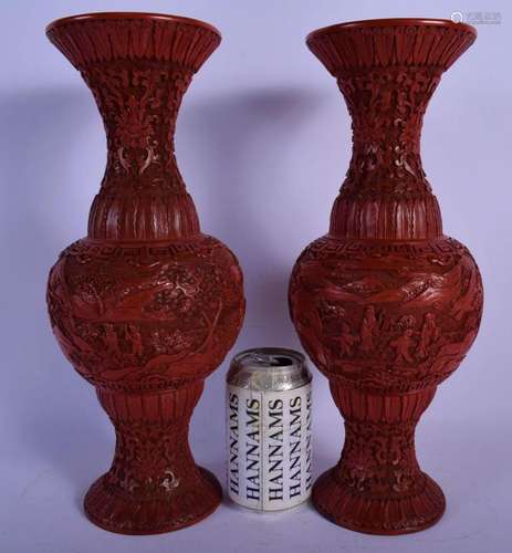 A FINE LARGE PAIR OF 19TH CENTURY CHINESE CARVED CINNABAR LA...