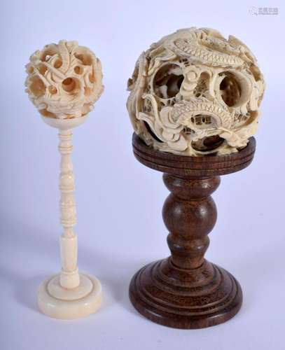 TWO LATE 19TH CENTURY CHINESE CANTON PUZZLE BALLS ON STAND L...