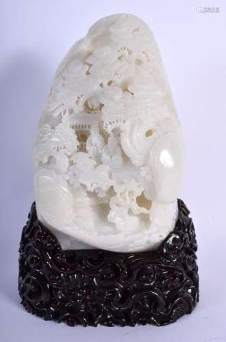 A LARGE CHINESE WHITE JADE CARVED MOUNTAIN BOULDER 20th Cent...