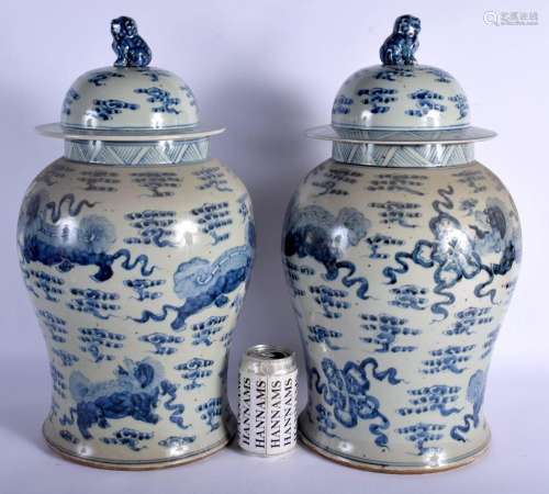 A PAIR OF CHINESE BLUE AND WHITE PORCELAIN VASES AND COVERS ...