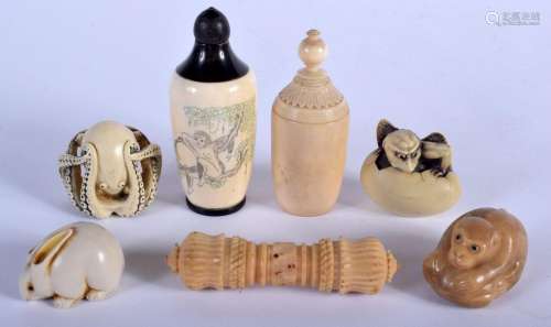 A CHINESE CARVED BONE SNUFF BOTTLE AND STOPPER etc. (qty)