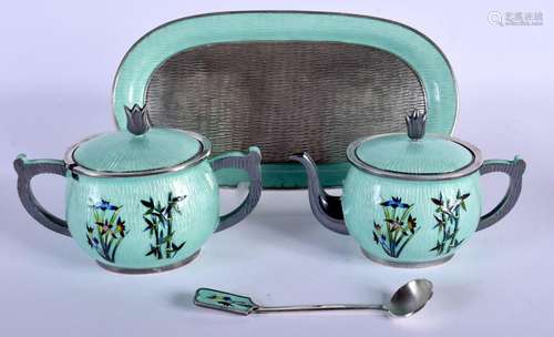 AN UNUSUAL KOREAN SILVER AND ENAMEL TEASET overlaid with flo...