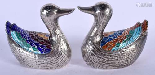 A PAIR OF KOREAN SILVER AND ENAMEL DUCKS with removable back...