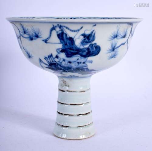 A CHINESE BLUE AND WHITE STEM FOOT BOWL 20th Century. 10.5 c...