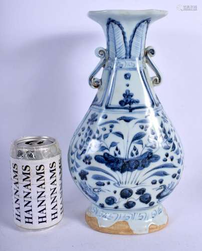 A CHINESE TWIN HANDLED YUAN STYLE BLUE AND WHITE VASE 20th C...