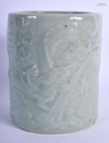 A CHINESE CELADON PORCELAIN BRUSH POT 20th Century, decorate...