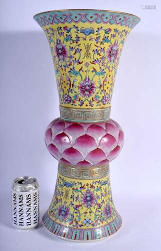 A LARGE CHINESE FAMILLE ROSE PORCELAIN GU FORM VASE 20th Cen...