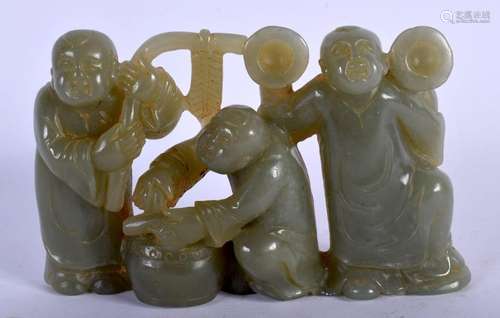 A CHINESE CARVED GREEN JADE FIGURAL GROUP 20th Century. 13 c...