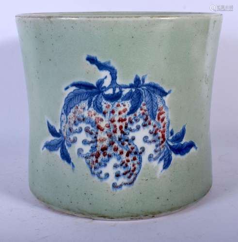 A CHINESE CELADON POMEGRANATE BRUSH POT 20th Century, bearin...