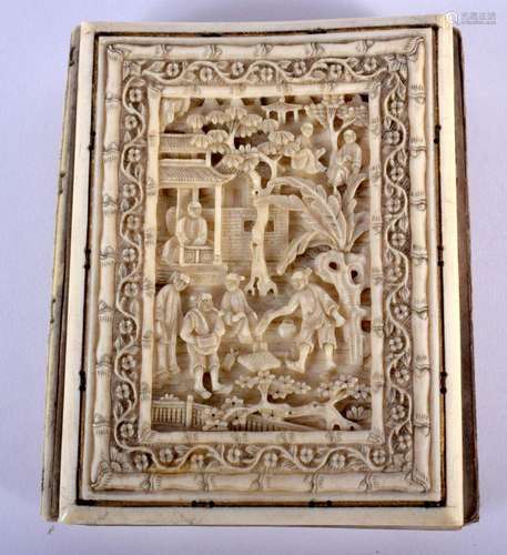 A RARE 19TH CENTURY CHINESE CANTON IVORY BOOK COVER Qing, de...