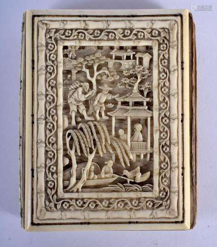 A RARE 19TH CENTURY CHINESE CANTON IVORY BOOK COVER Qing, de...