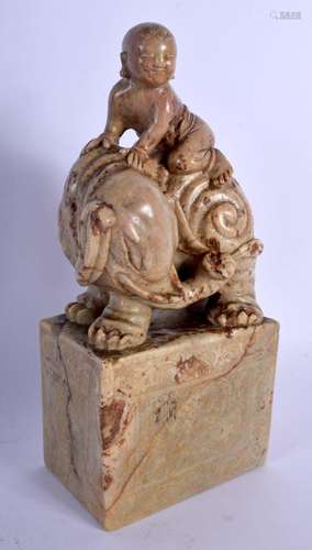 A 19TH CENTURY CHINESE CARVED SOAPSTONE FIGURAL SEAL Qing, m...