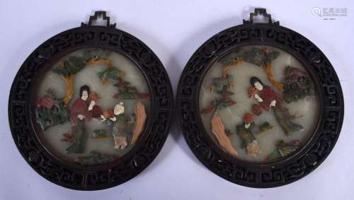 A PAIR OF 19TH CENTURY CHINESE JADE AND MIXED HARDSTONE PANE...