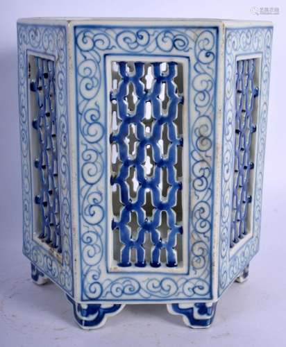 A CHINESE BLUE AND WHITE RETICULATED HEXAGONAL VASE 20th Cen...