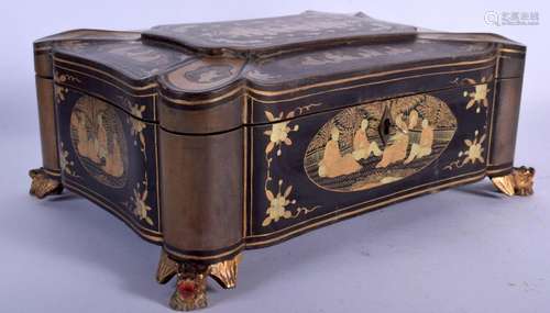 A MID 19TH CENTURY CHINESE EXPORT BLACK LACQUER SEWING BOX A...