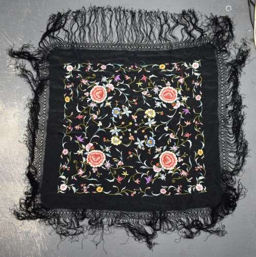 A CHINESE EMBROIDERED SILK SHAWL 20th Century. 85 cm square ...