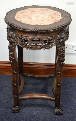 A 19TH CENTURY CHINESE MARBLE INSET HARDWOOD STAND. 62cm x 4...