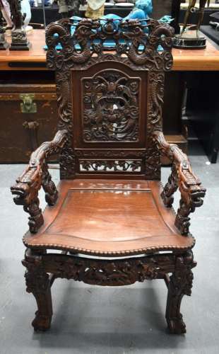 A 19TH CENTURY CHINESE HARDWOOD DRAGON ARMCHAIR WITH FINELY ...
