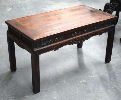 A 19TH CENTURY CHINESE HARDWOOD RECTANGULAR TOP LOW TABLE WI...