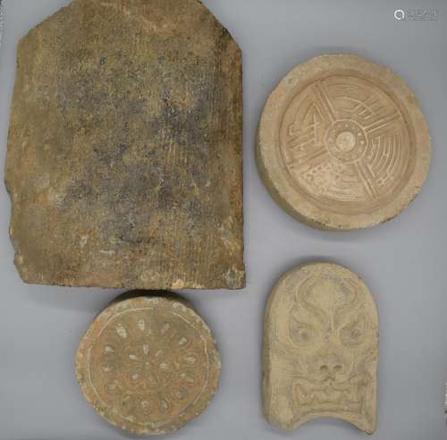 FOUR: Three KOREAN Giwa Roof Tile Ends and One roof tile