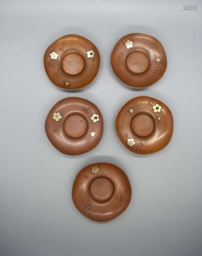 Set of 5 Sakura Copper Bronze Chataku/Tea Saucer, Signed:Ish...