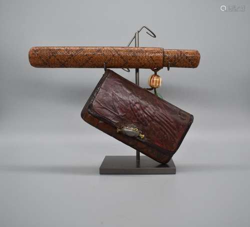 Japanese Leather Tobacco Pouch with Silver inlaid clask and ...