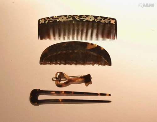 FOUR: Tortoise shell; two combs, one with mother of pearl in...