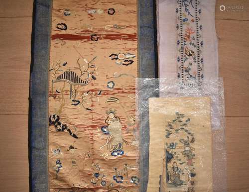 Three: Chinese Silk embroidered sleeve bands, two of figures...