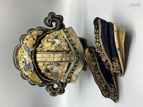 Theatrical Silk HAT AND SHOES with gilt leather and beads