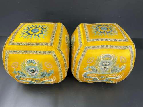A Pair of Chinese Embroidered Dragon Silk Pillows