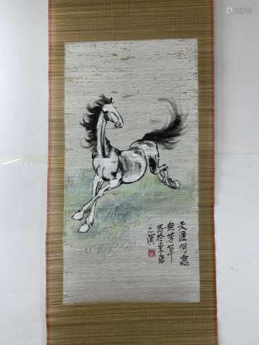 Chinese Brush Painting Horse on Bamboo Mat