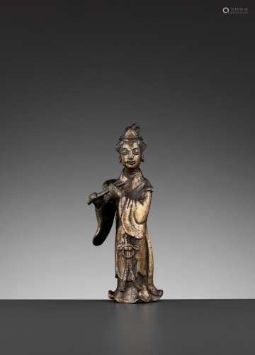 A PARCEL-GILT BRONZE FIGURE OF A FLUTIST, SONG TO MING DYNAS...