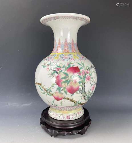 A Chinese Famille Rose Nine Peaches Vase by Shendetang