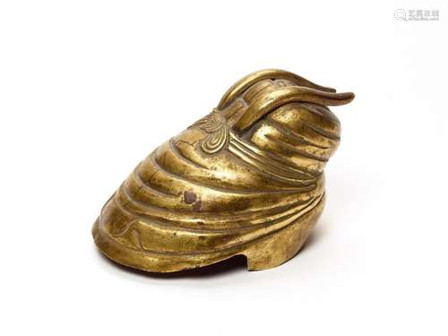 A FIRE-GILT TIBETO-CHINESE COPPER REPOUSSÉ RHYTON, QING DYNA...