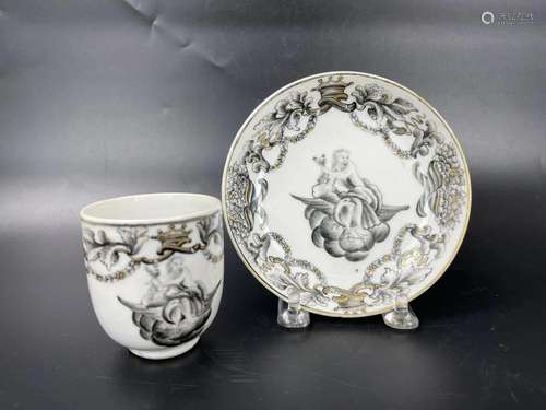 Chinese Export Ink Color Porcelain Cup and Saucer