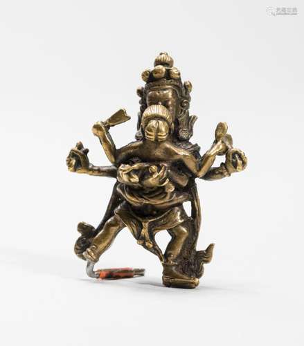 A TIBETAN BRONZE OF A DHARMAPALA IN YABYUM WITH PRAJNA, 18TH...