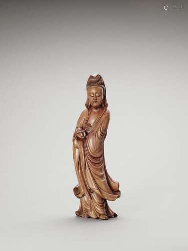 A BOXWOOD FIGURE OF GUANYIN, LATE QING