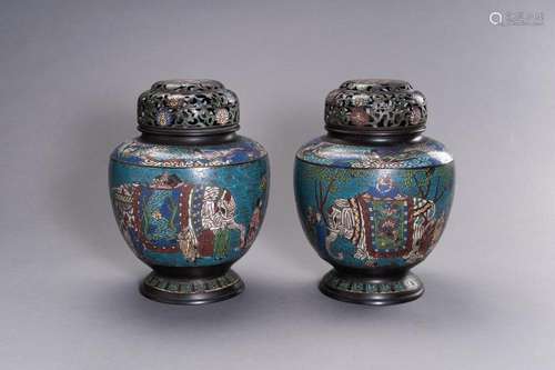 A LARGE PAIR OF CLOISONNÉ VASES AND COVERS