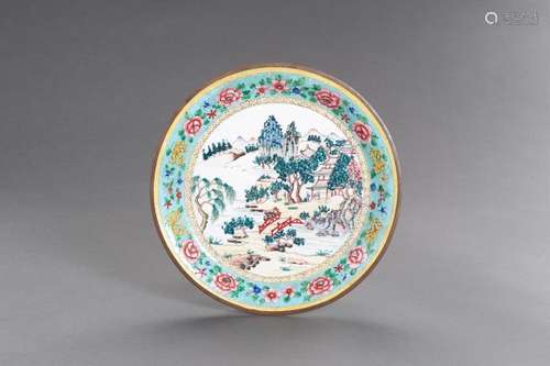 A CANTON ENAMEL ‘LANDSCAPE’ DISH, LATE QING TO REPUBLIC